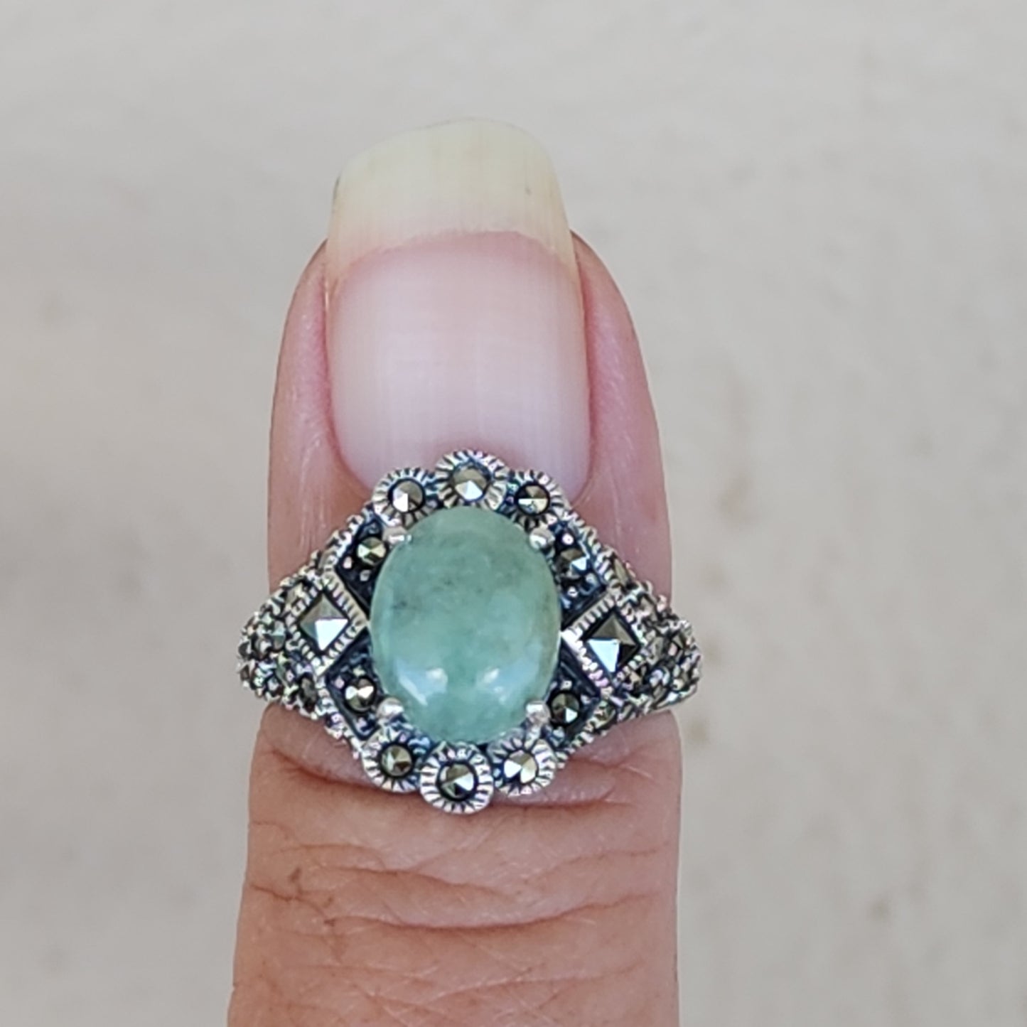 Sterling Silver Marcisite jade ring Size 7