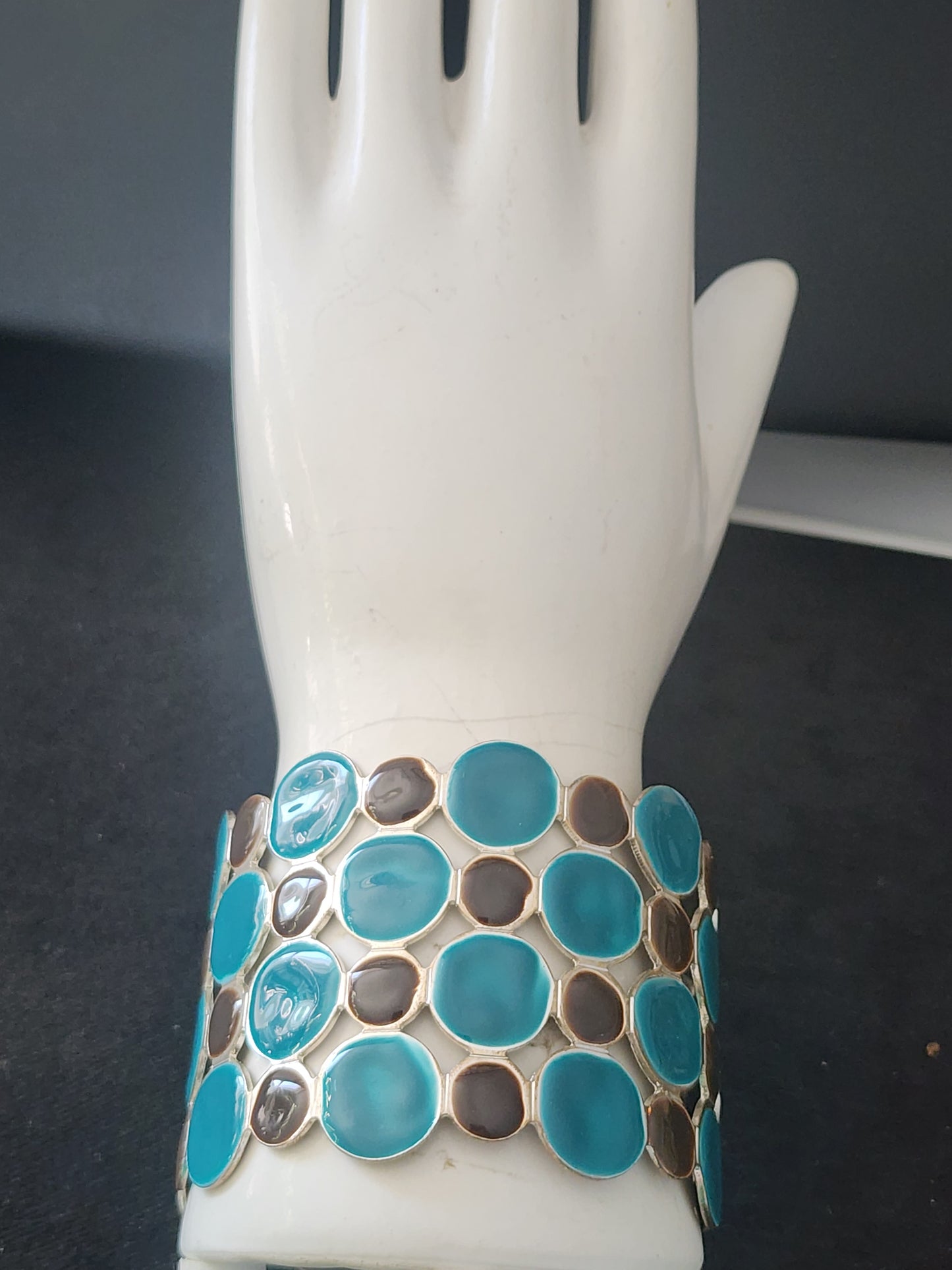Chunky Blue & Black Enamel cuff Bracelet retro Mid-century style