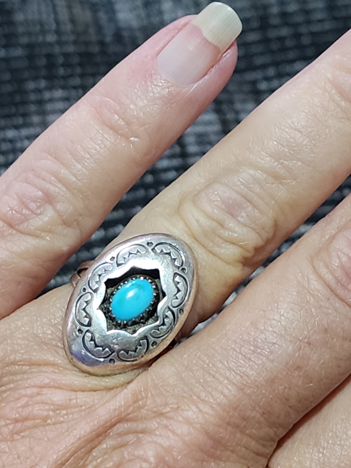 Vintage native american sterling silver sleeping beauty turquoise shadow box Navajo ring size 6