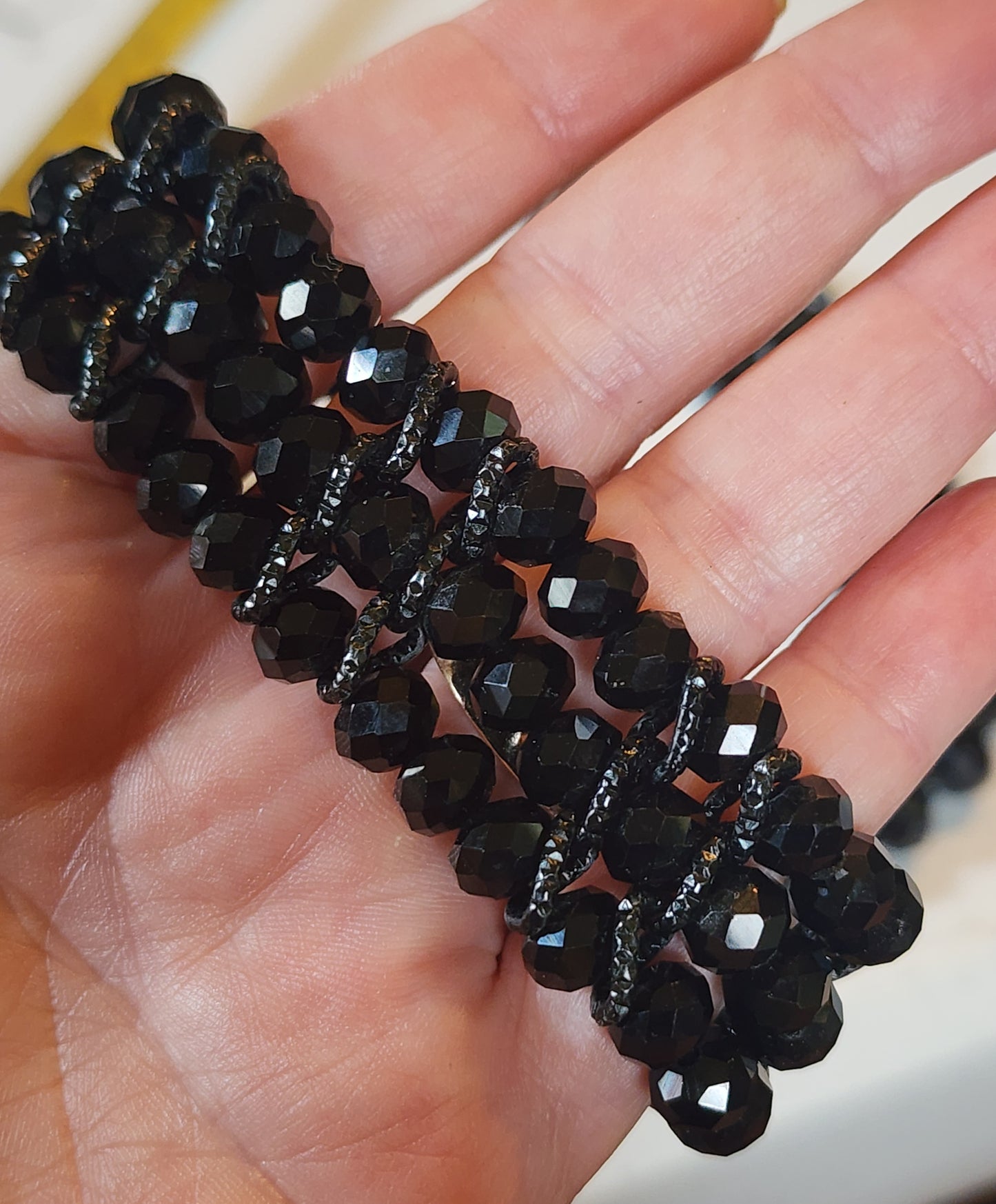 Jet black faceted glass bead bracelet and necklace set