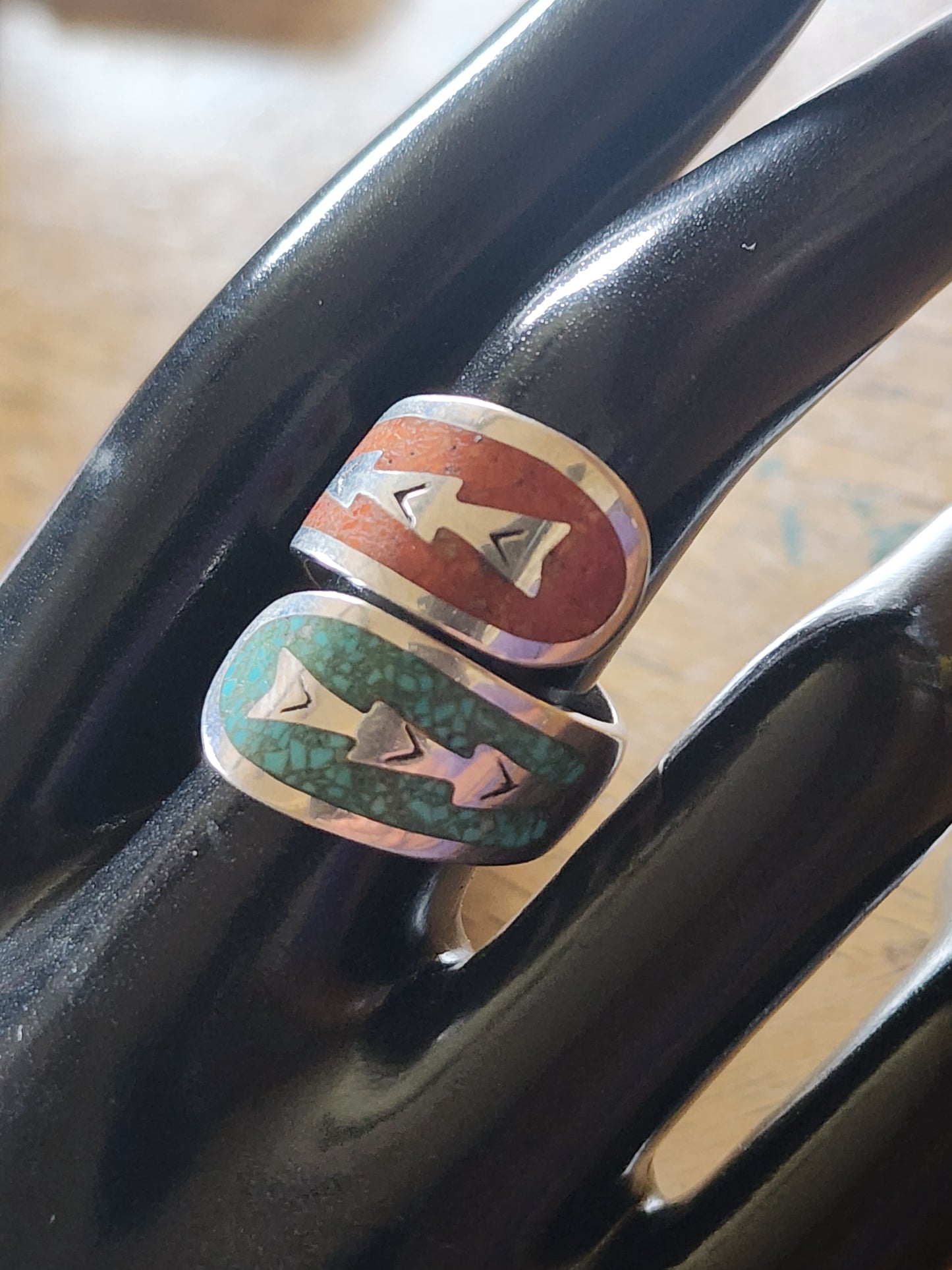 Sterling silver Jay king desert Rose Bypass ring size 7.5 turquoise and coral