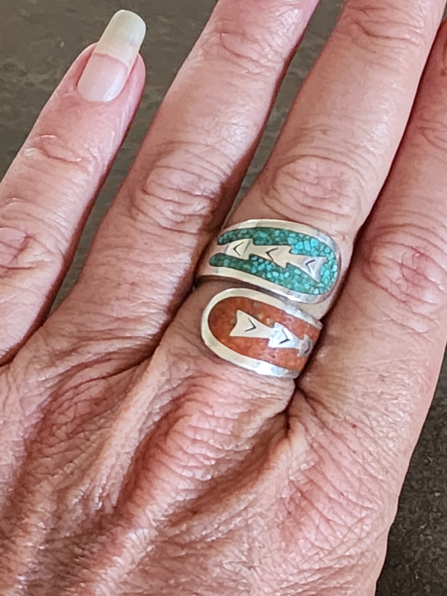 Sterling silver Jay king desert Rose Bypass ring size 7.5 turquoise and coral