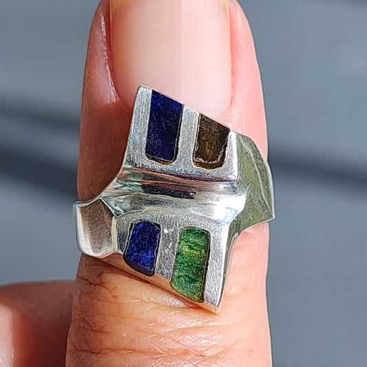 Mexico Sterling silver inlay onyx lapis malachite ring size 8 5