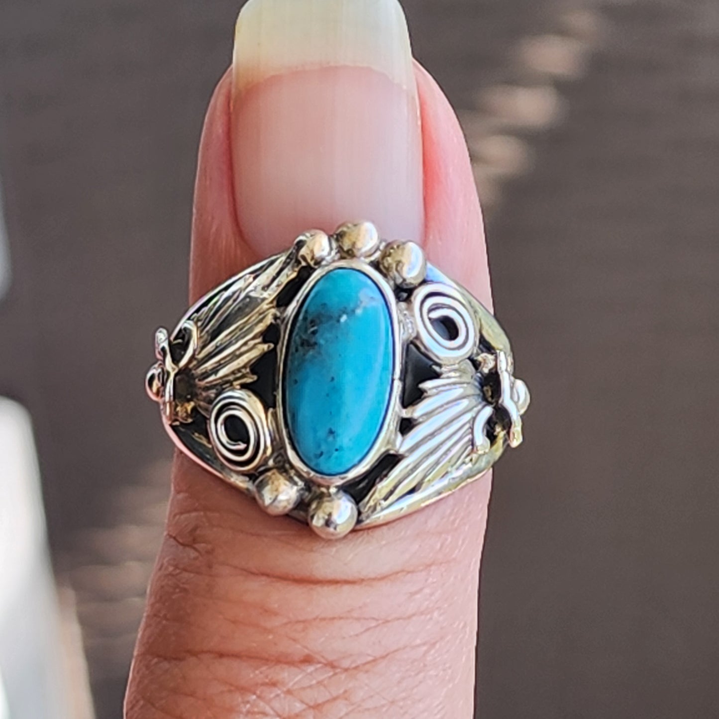 Native american sterling silver ring with turquoise by navajo artist running bear size 8