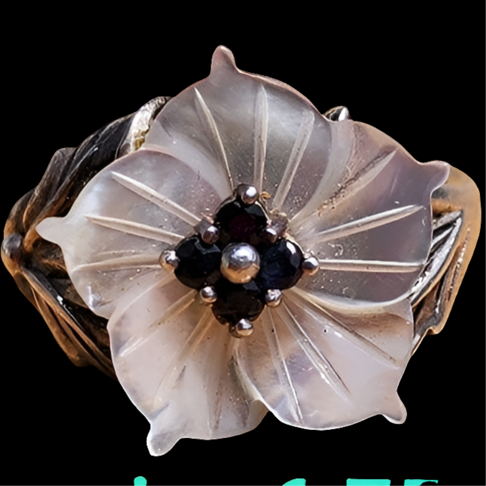 Lee Sand sterling silver mother of pearl and Sapphire floral ring size 6.75