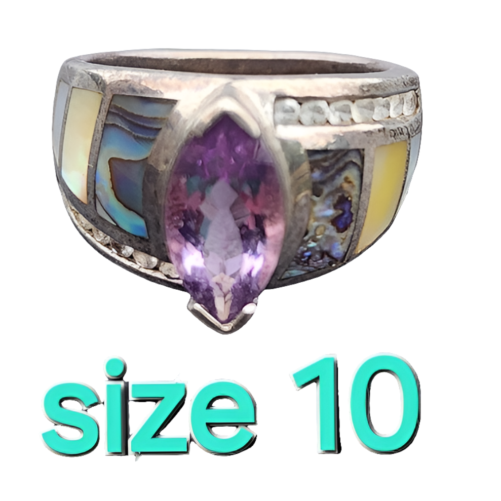 Witney Kelly Sterling Silver ring size 10 Mother of pearl abalone CZ Amethyst