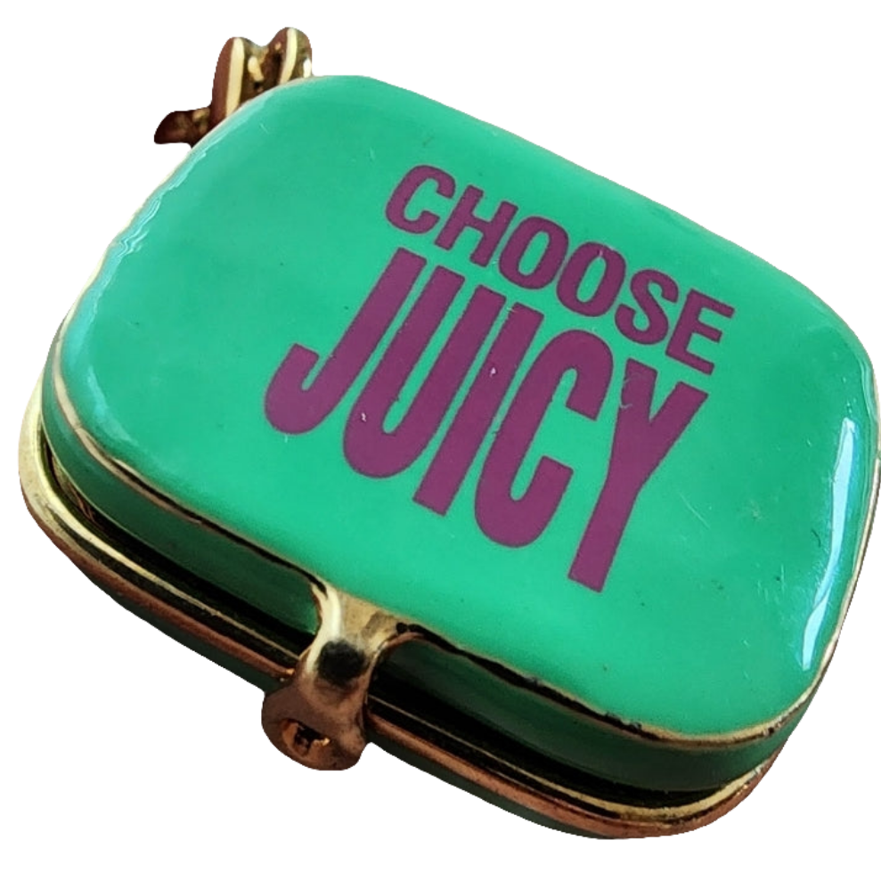 Juicy Couture gold tone charm bracelet green locket purse charm w rhines…
