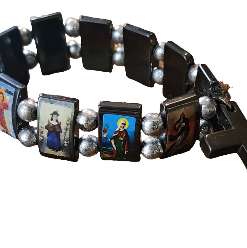 Religious picture hematite stretch bracelet mother Mary angle cross charm