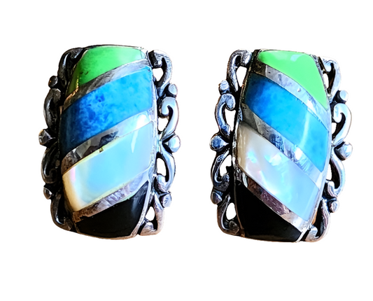 Sterling silver multi gemstone inlay post earrings southwestern jewelry