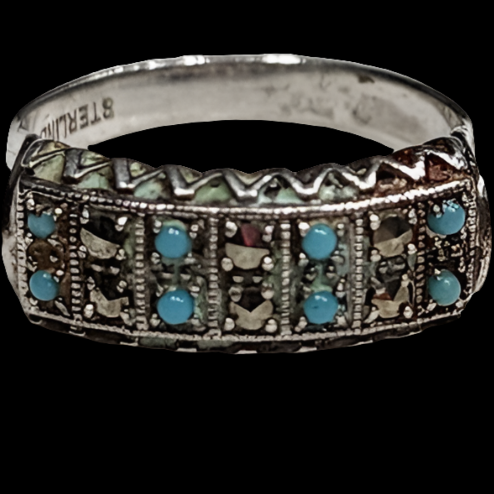 Art Deco sterling silver turquoise and marcasite petite ring size 5.5