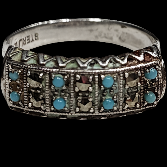 Art Deco sterling silver turquoise and marcasite petite ring size 5.5