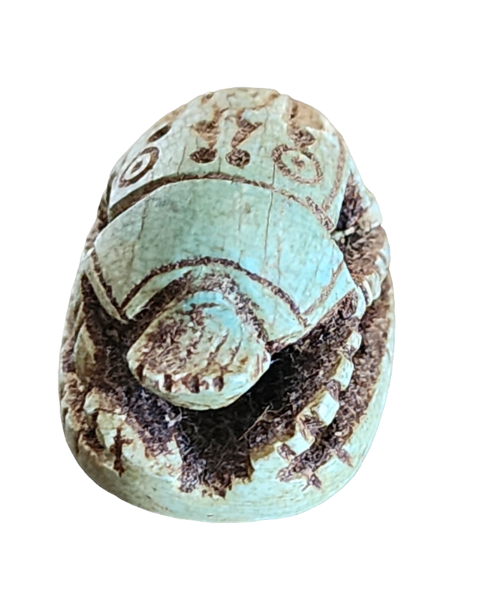 Egyptian Scarab Blue carved Amulet with hieroglyphics