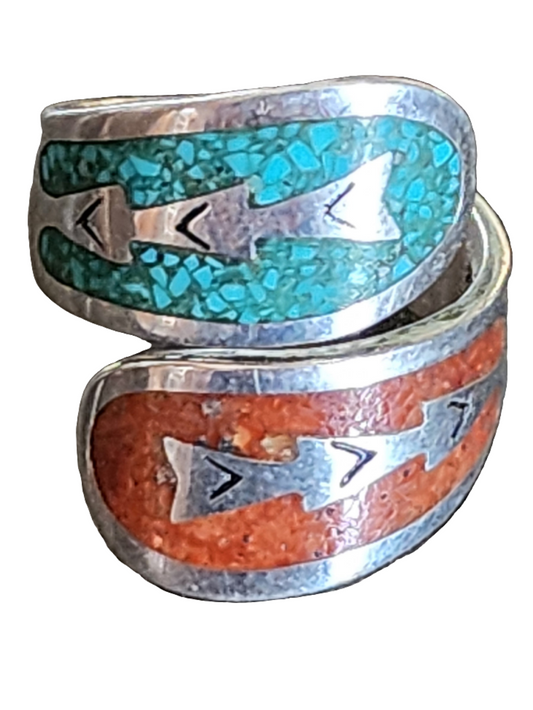 Sterling silver Jay king desert Rose Bypass ring size 7.5 turquoise and coral