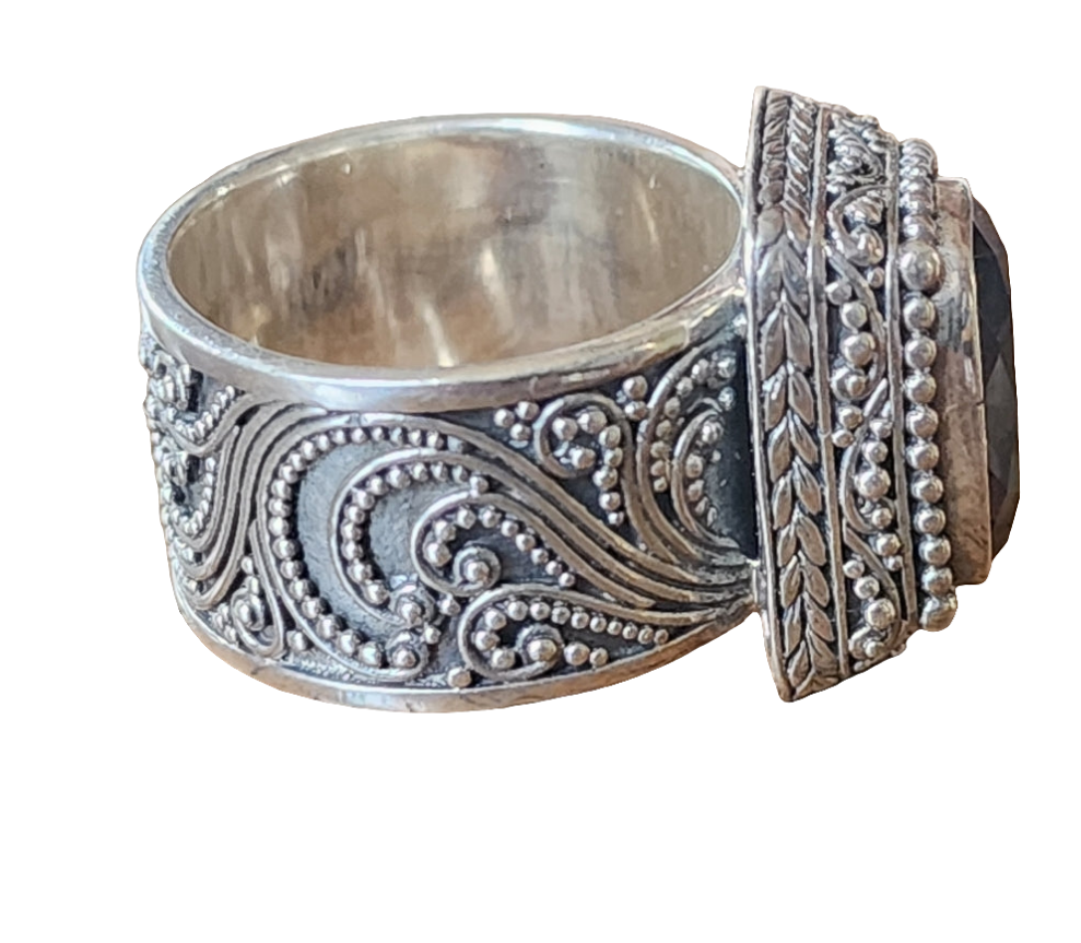 Sarda Sterling Silver Ring Cigar ornate band chunky Stone Fine jewelry size 10.5