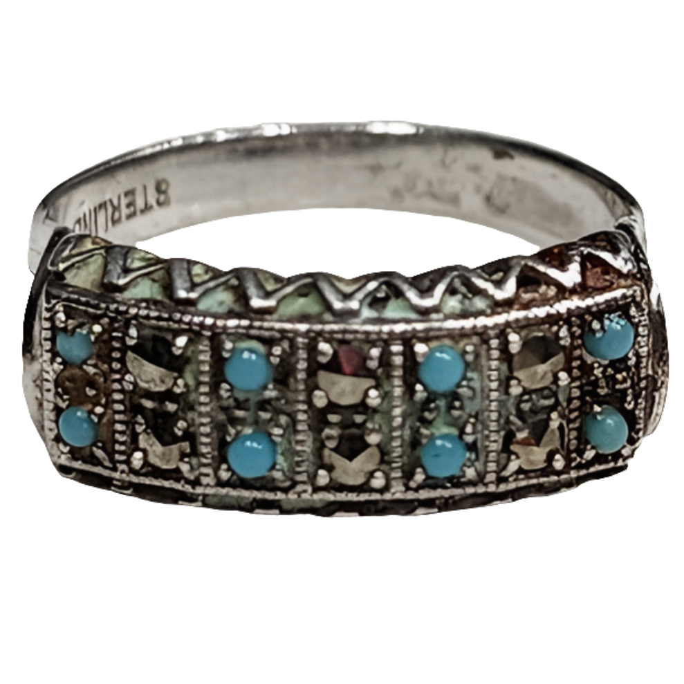 Art Deco sterling silver turquoise and marcasite petite ring size 5.5