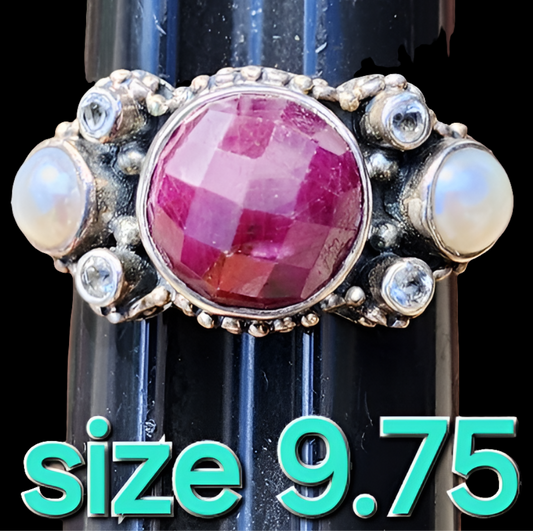 Sterling Silver Faceted Ruby faux Pearl CZ Fine jewelry wedding engagement band