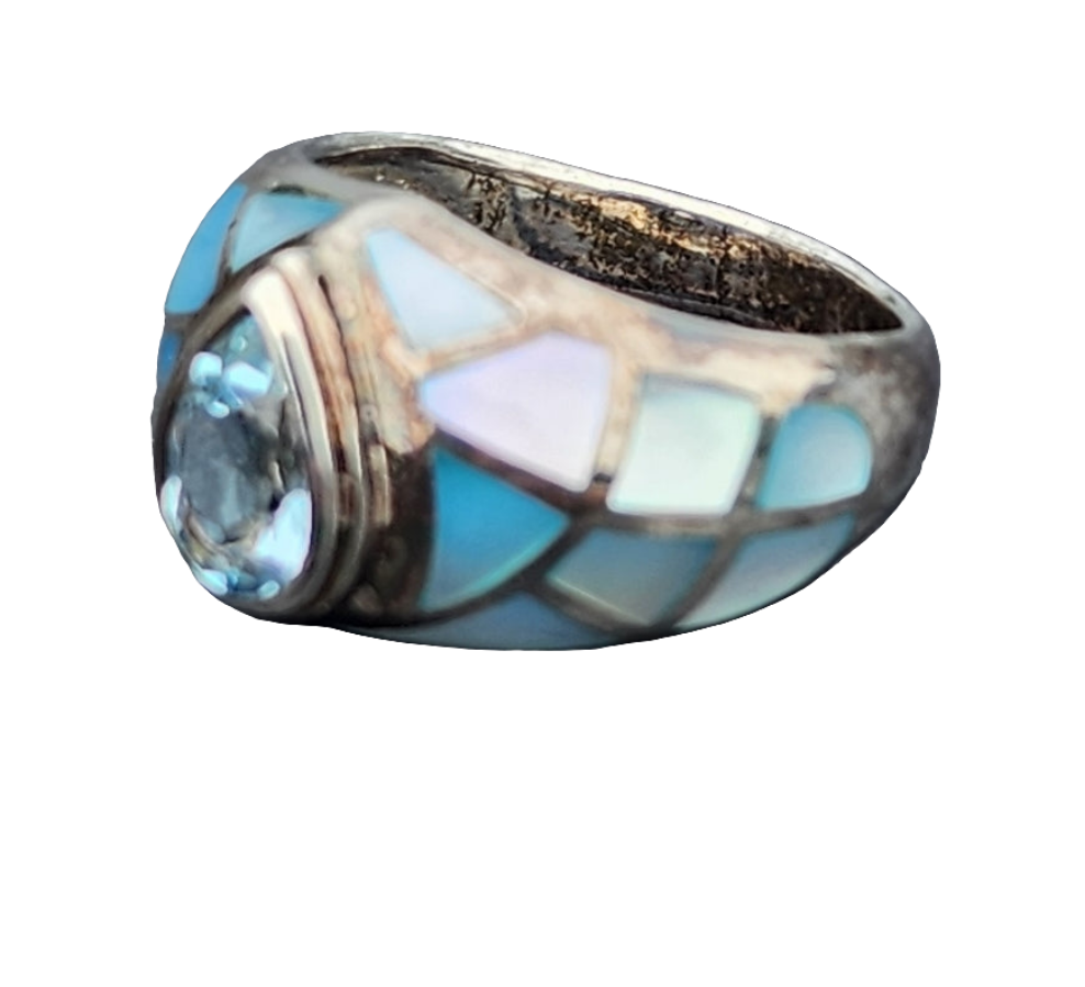Sterling silver ring Chunky ring blue topaz &  mother of pearl size 9.5 jewelry