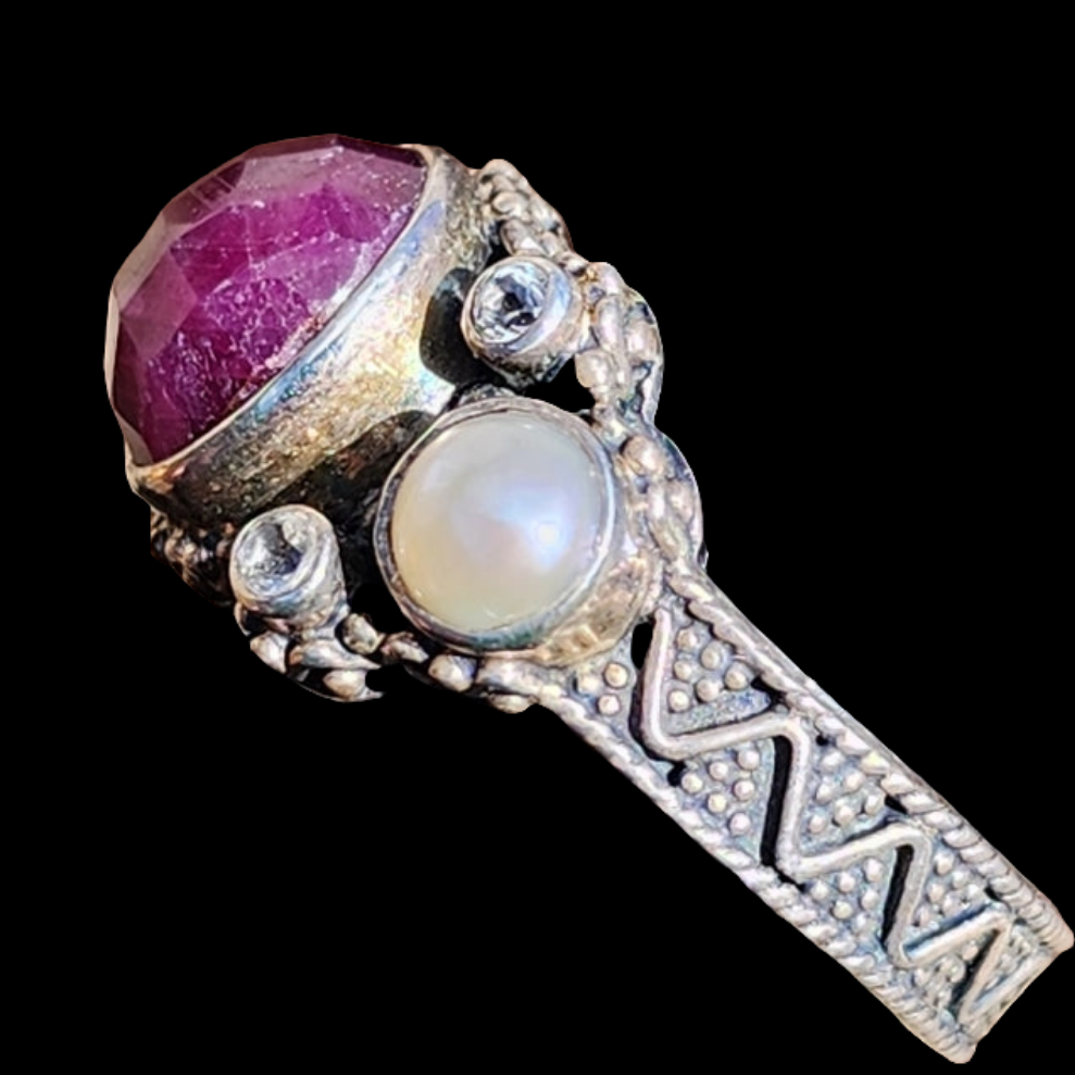 Sterling Silver Faceted Ruby faux Pearl CZ Fine jewelry wedding engagement band