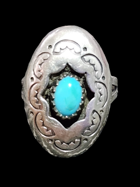 Vintage native american sterling silver sleeping beauty turquoise shadow box Navajo ring size 6