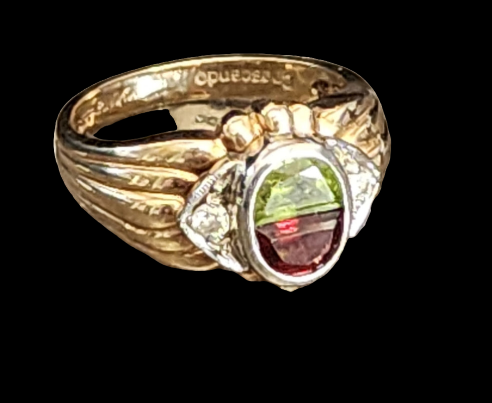 Jewerly 10k yellow gold ring Half moon cut Garnet & Peridot 2 diamonds size 6
