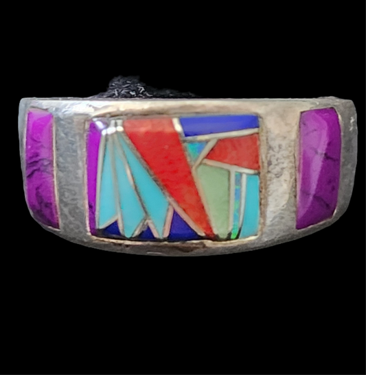 Multi stone inlay sterling silver ring turquoise Coral lapis size 8