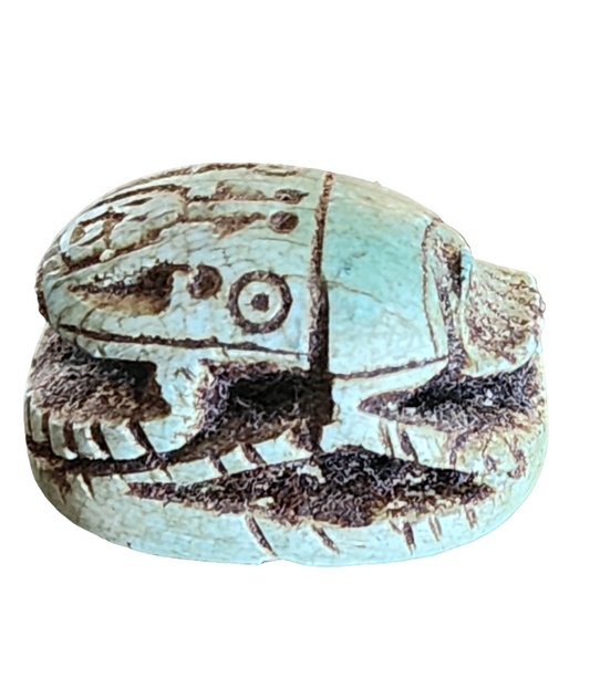 Egyptian Scarab Blue carved Amulet with hieroglyphics