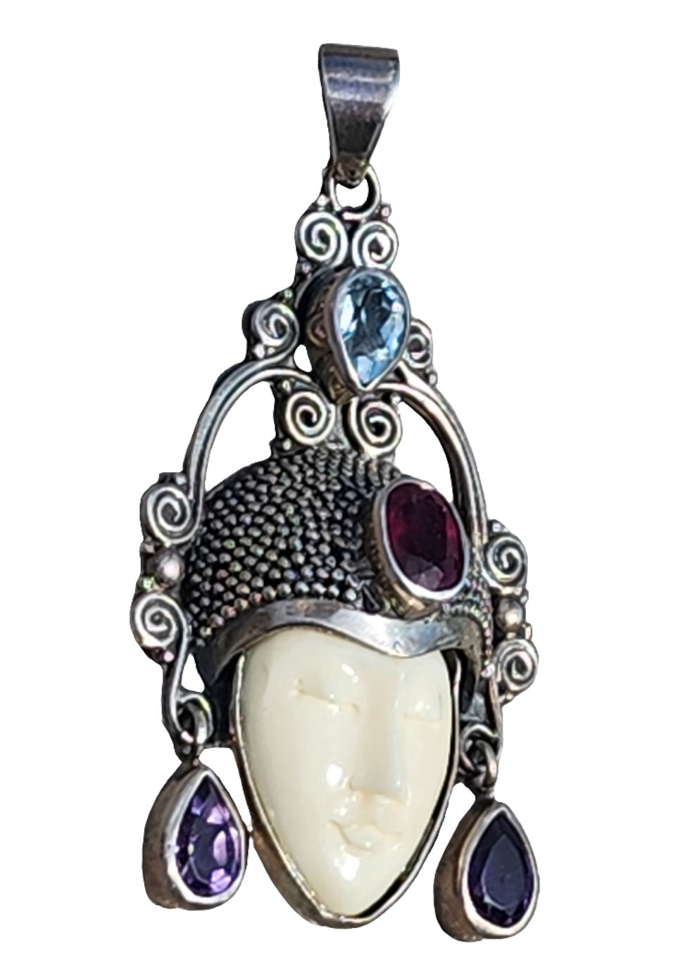 Sterling Silver Sajen Style face pendant with gemstones