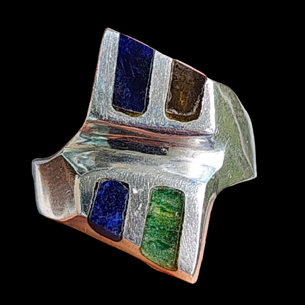 Mexico Sterling silver inlay onyx lapis malachite ring size 8 5