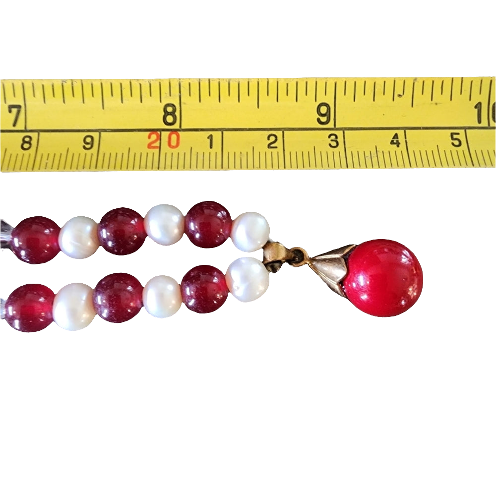 Real pearl necklace hand knotted with red beads and stone pendant 18k gold plate
