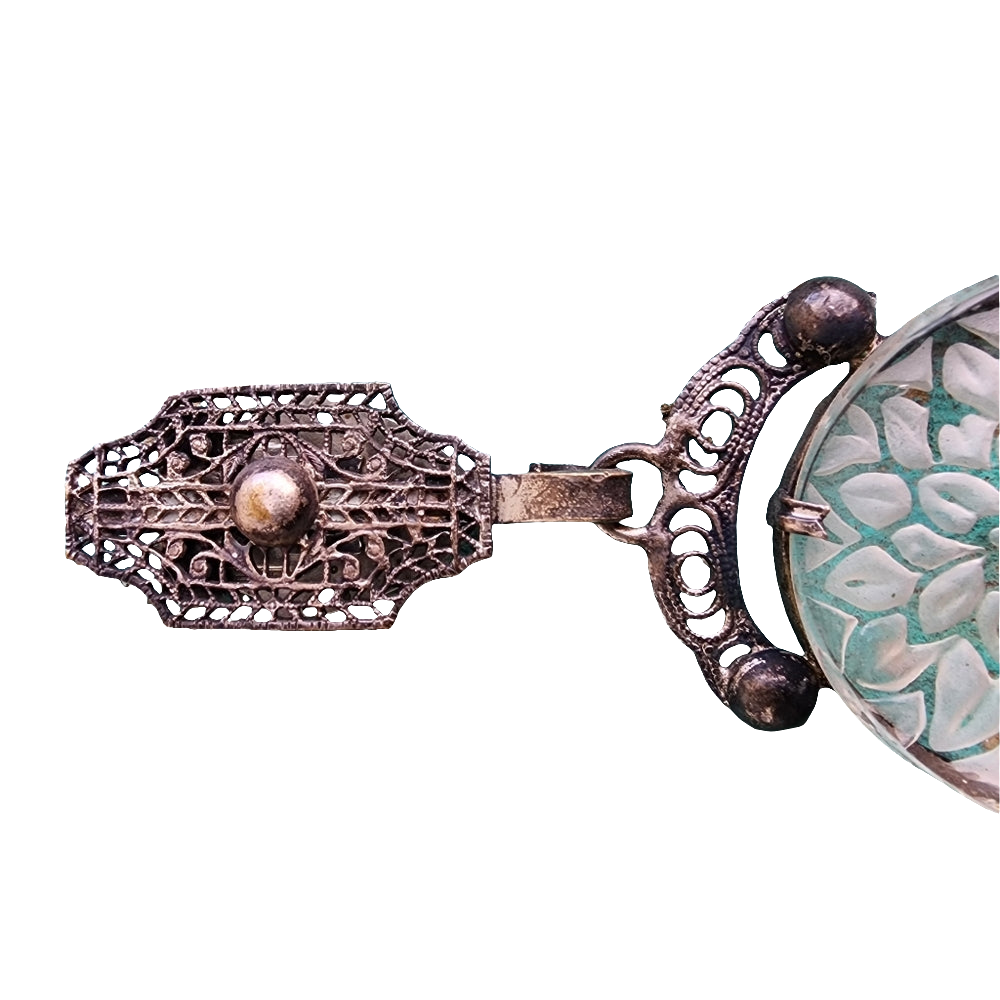 Lalique type antique reverse carved flower  floral scarf clip filigree art deco