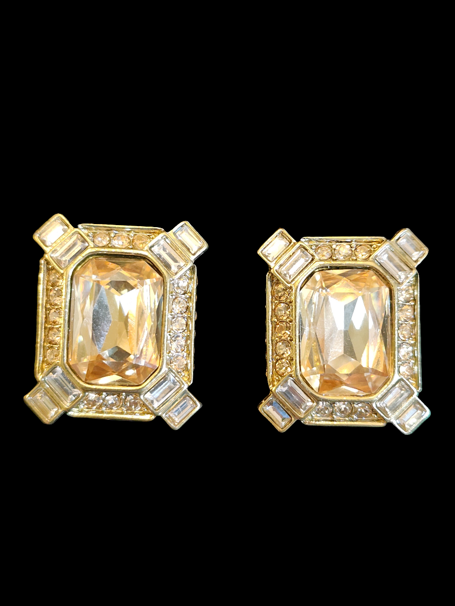 Heidi Daus golden crystals three strand necklace and clip on earrings set