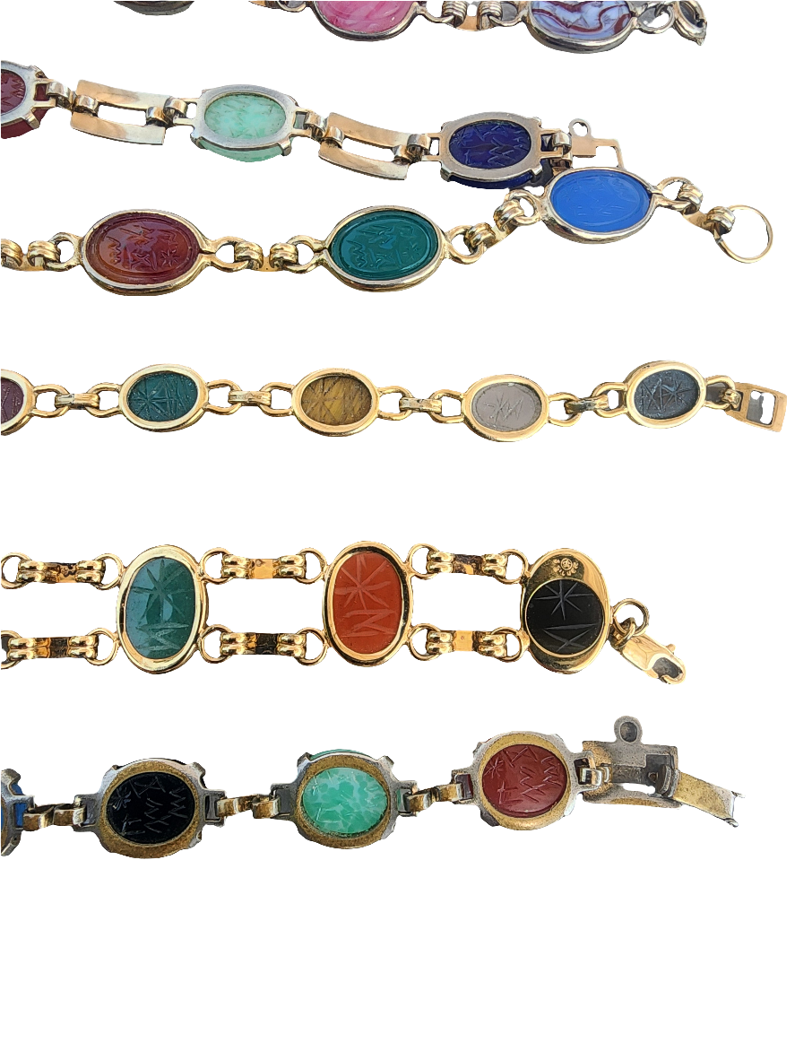Lot of jewelry 7 carvedscarab bracelets w hieroglyphics Egyptian