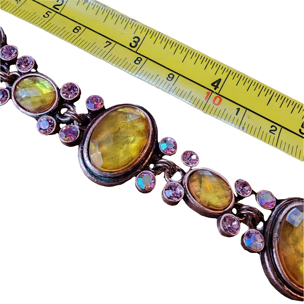Pink copper Aurora borealis pink and yellow rhinestone link bracelet fashion