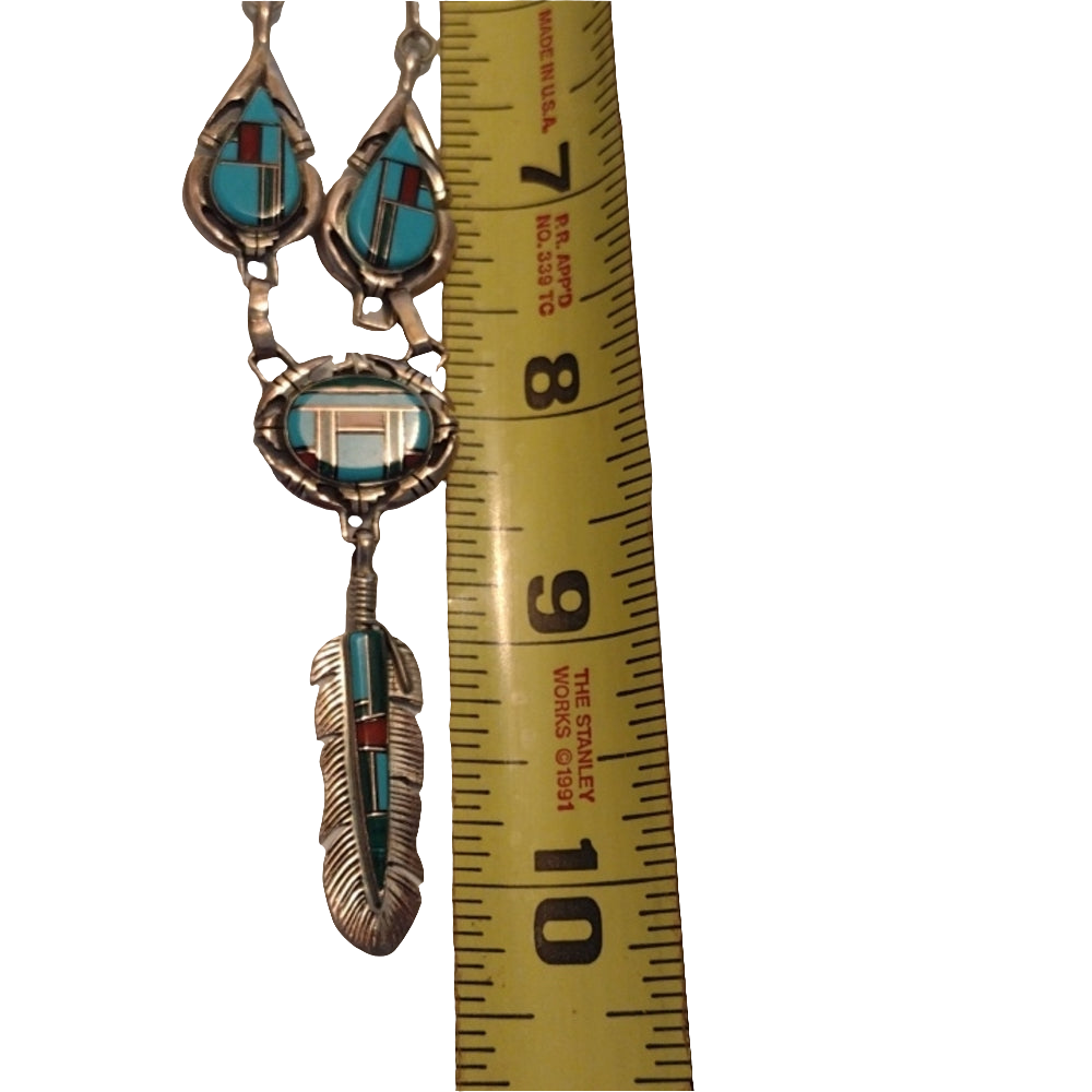 Sterling silver Native American inlay feather dangle necklace turquoise …