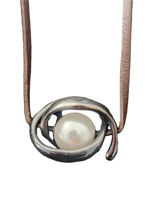 Uno de 50 mid century style pendant on leather cord is faux pearl unisex