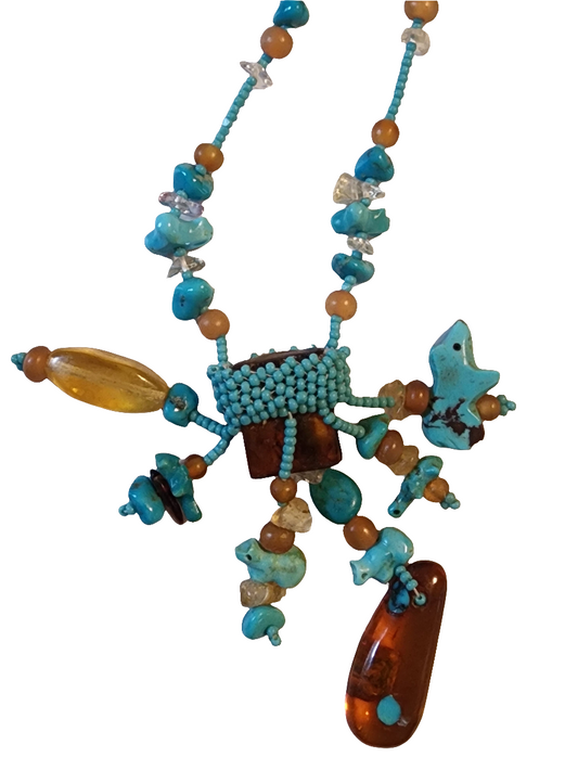 Handmade native american seed bead turquoise fetish Necklace