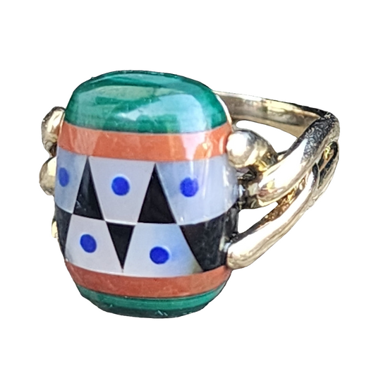 Asch Grossbardt 14k yellow gold Inlay  ring size  7 lapis coral onyx Malachite