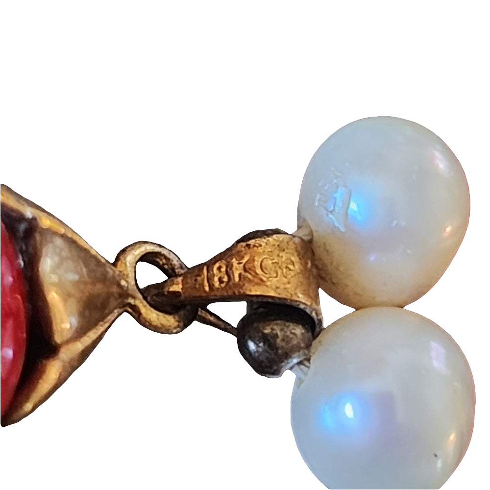 Real pearl necklace hand knotted with red beads and stone pendant 18k gold plate