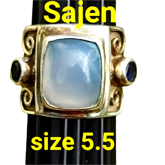 Sterling silver signed Sajen moonstone & amethyst ring size 5.5