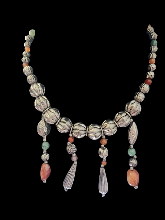 Silver tone tribal Necklace with dangling beads