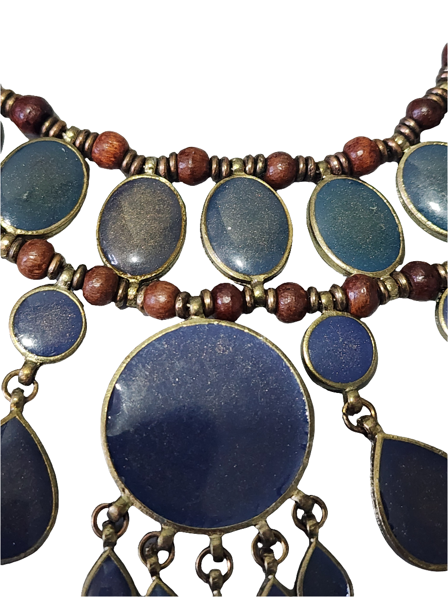 Chunky copper enamel necklace  blue tones fashion jewelry