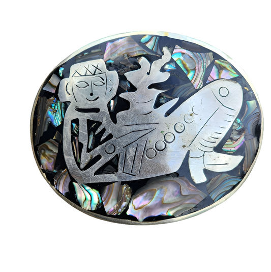 Vintage mother of pearl inlay Mexican belt buckle with figure