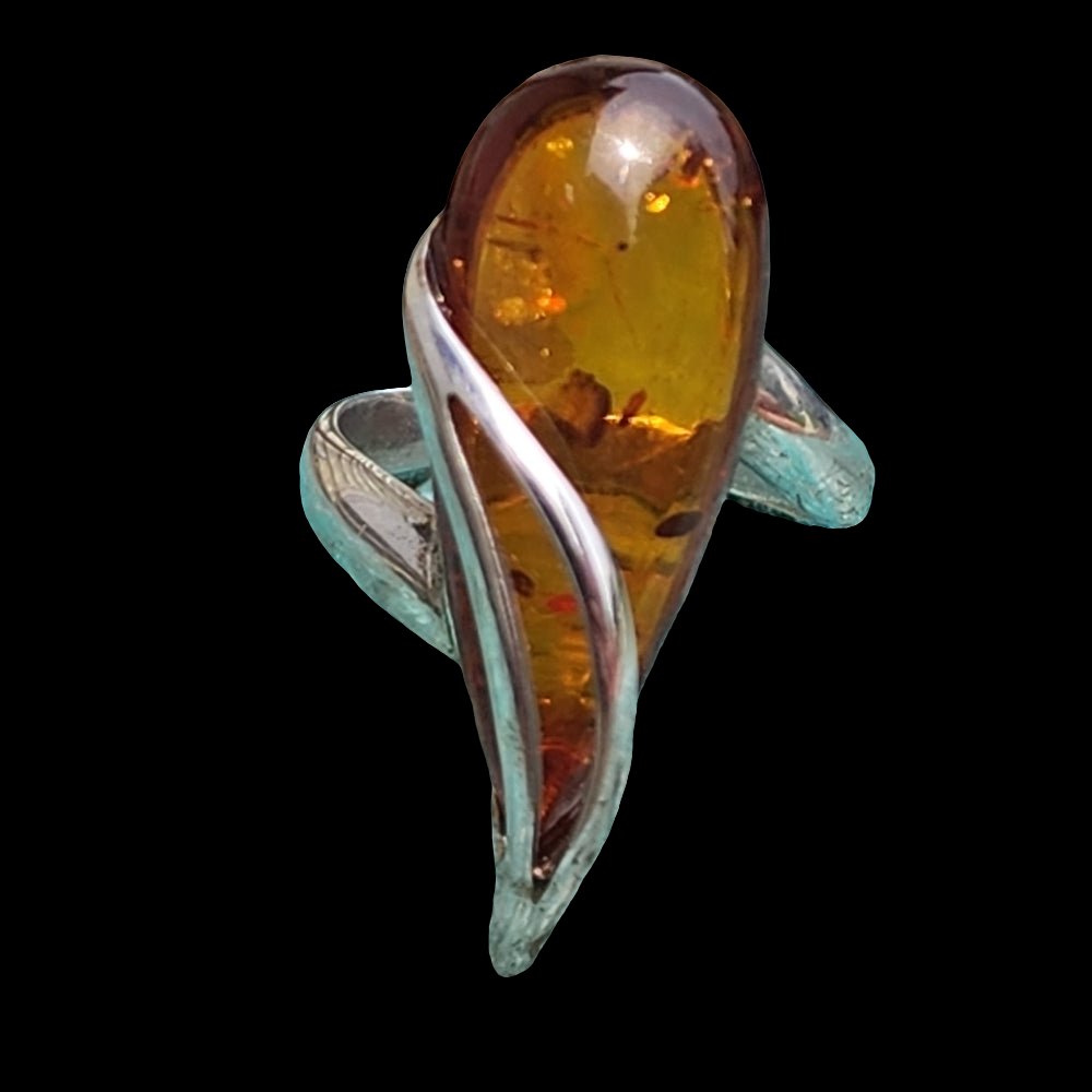 Vintage modernist abstract Amber sterling silver ring artist signed size…