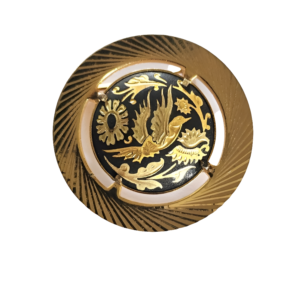 Vintage fine jewelry Damascene bird scarf pin brooch gold tone