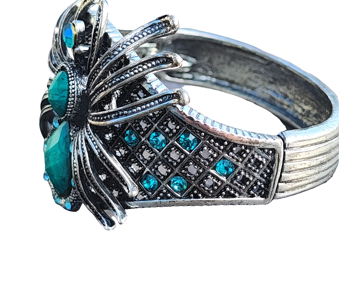 Rhinestone spider hinged bracelet costume fashion jewelry Halloween silver tone