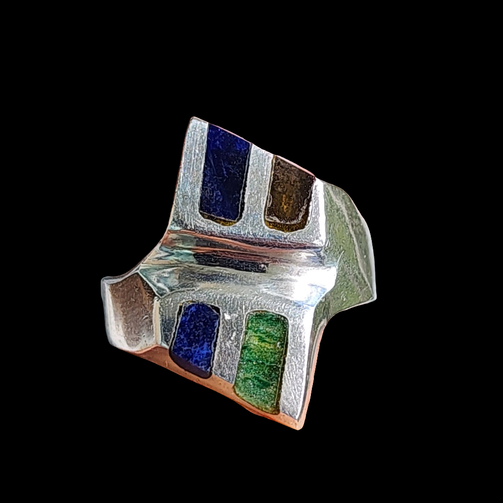 Mexico Sterling silver inlay onyx lapis malachite ring size 8 5