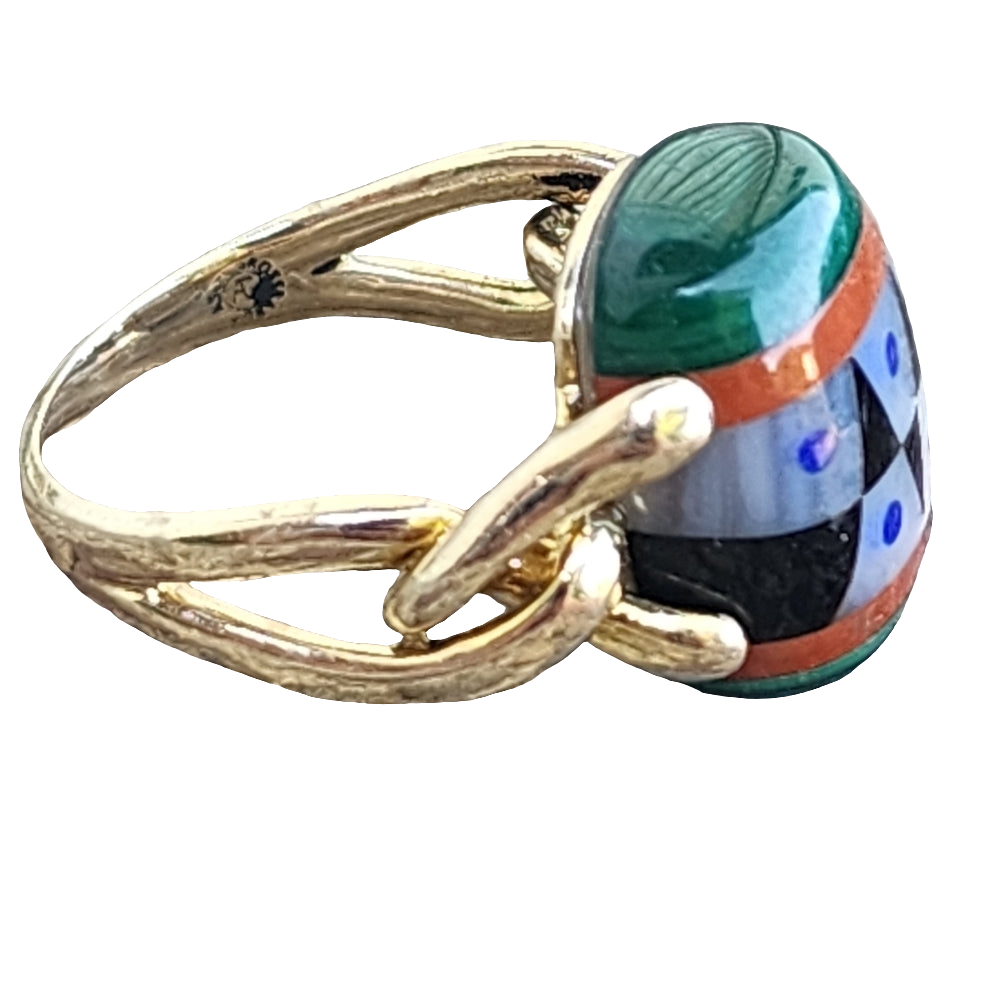 Asch Grossbardt 14k yellow gold Inlay  ring size  7 lapis coral onyx Malachite