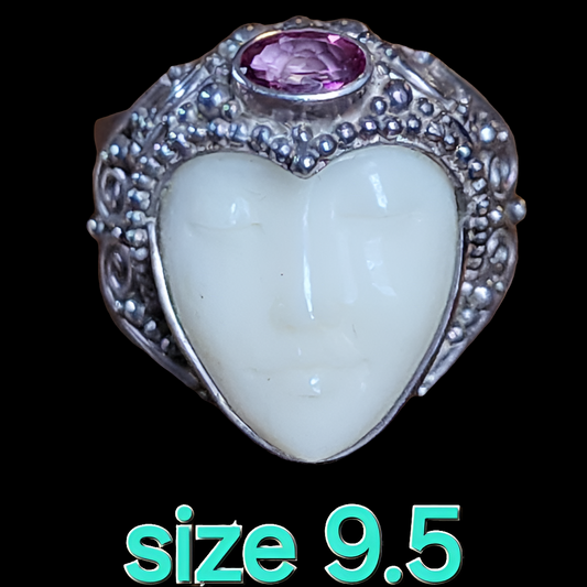 Sterling Silver Sajen carved Bone Goddess Face Ring size 9.5 Fine Jewelry stone