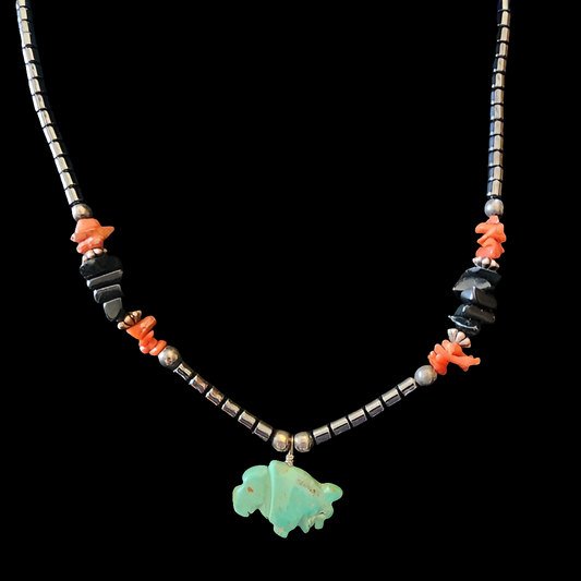 Native American coral onyx hematite turquoise Buffalo necklace vintage jewelry