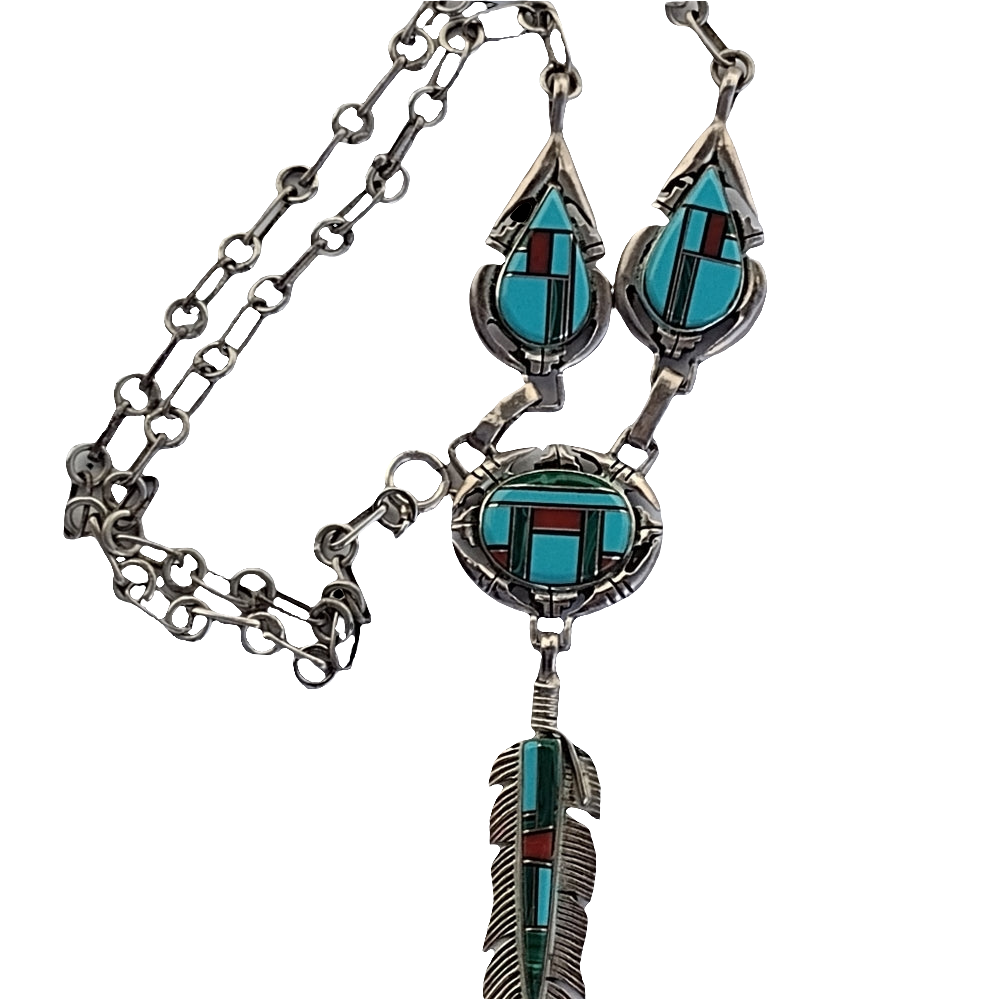 Sterling silver Native American inlay feather dangle necklace turquoise …